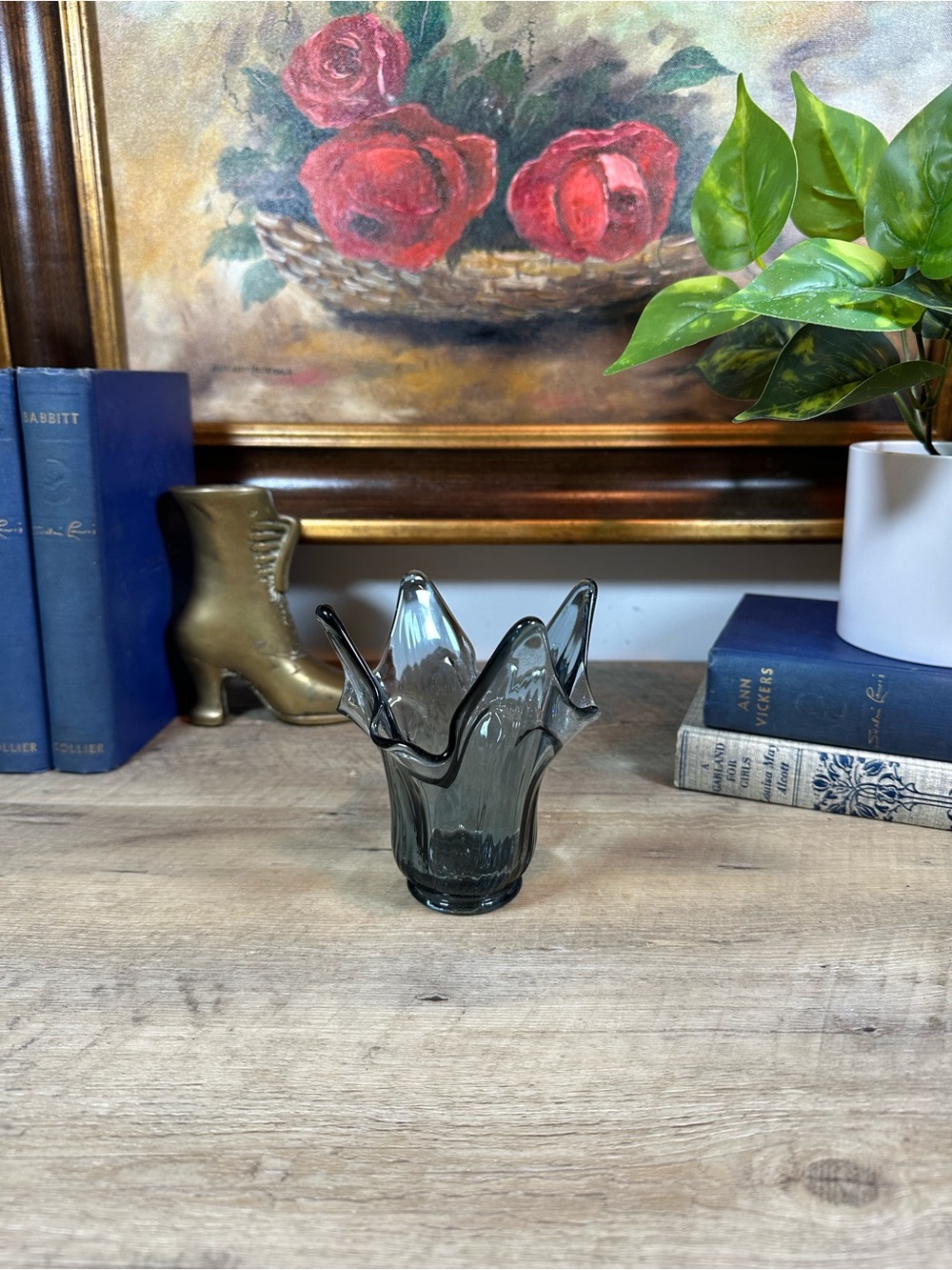 Vintage Fenton Glass Gray Ruffle Edge Small Vase